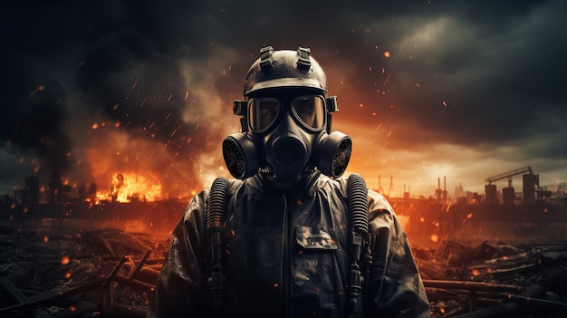 Person wearing hazmat and mask with apocalyptic background