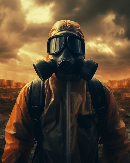 Person wearing hazmat and mask with apocalyptic background