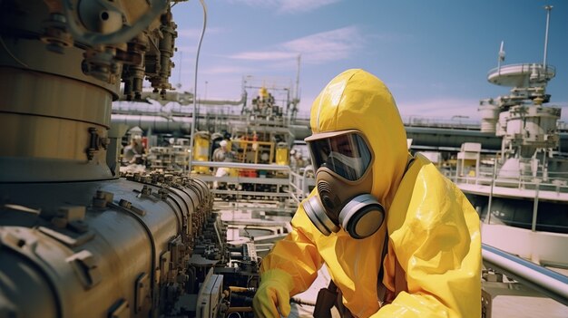 Person wearing hazmat suit working at a nuclear power plant