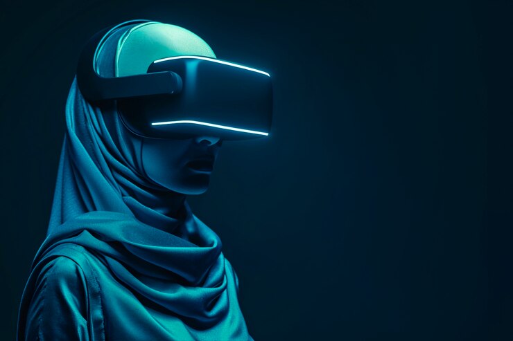 Free Photo person wearing high-tech ar headset surrounded by bright blue neon colors