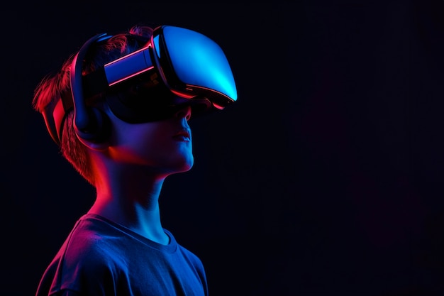 Person wearing high-tech ar headset surrounded by bright blue neon colors