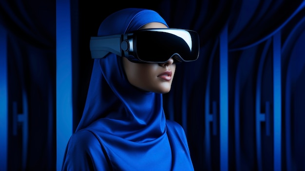 Person wearing high-tech vr glasses while surrounded by bright blue neon colors