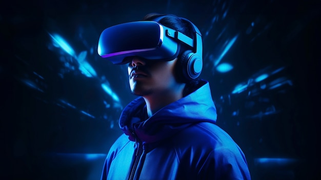 Person wearing high-tech vr glasses while surrounded by bright blue neon colors