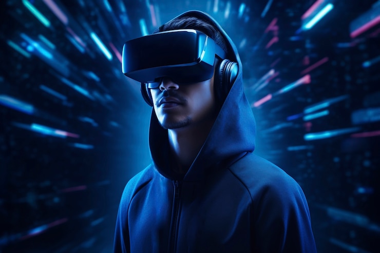 Free Photo person wearing high-tech vr glasses while surrounded by bright blue neon colors