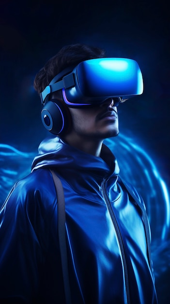 Person wearing high-tech vr glasses while surrounded by bright blue neon colors