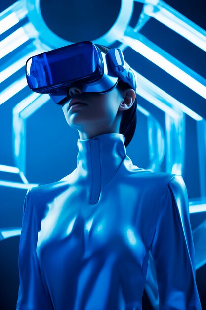 Person wearing high-tech vr glasses while surrounded by bright blue neon colors