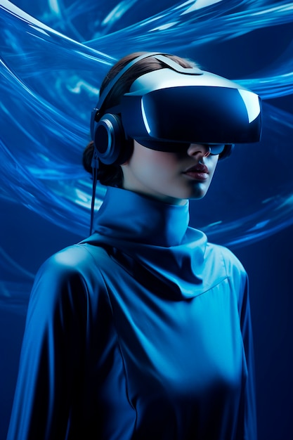 Free photo person wearing high-tech vr glasses while surrounded by bright blue neon colors