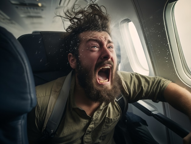 Человек с беспокойством, вызванным полетом самолета