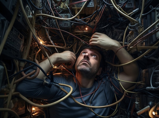 Free photo person with anxiety induced by cables or wires