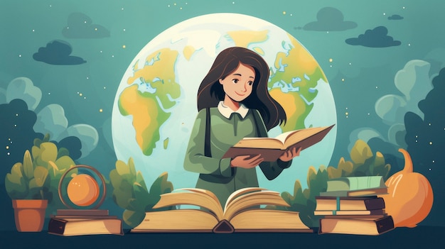 Person with books in digital art style for education day