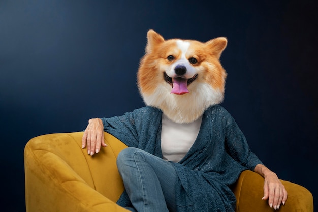 コーギー犬の頭が椅子に座っている人