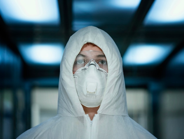 Person with face mask wearing a protective equipment against a bio-hazard