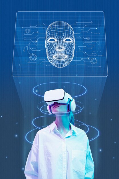 Person with futuristic metaverse avatar mask
