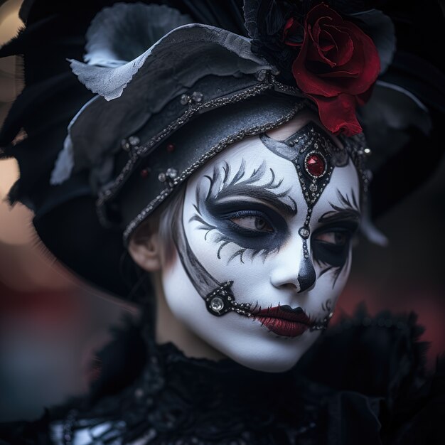 Person with gothic style costume and make-up performing drama for world theatre day