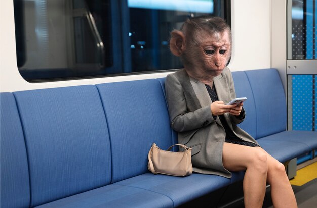 Person with monkey head using smartphone in the train