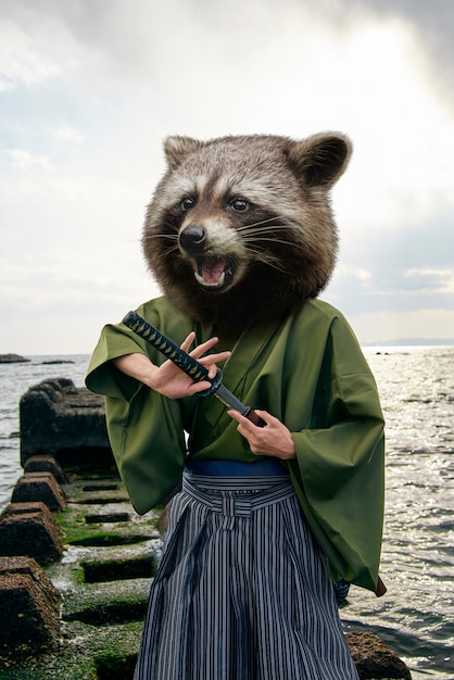 Person with raccoon head handling a sword