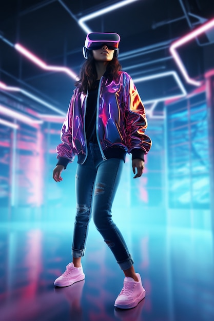 Person with vr glasses in neon room