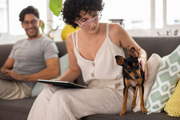 Person working from home with pet dog