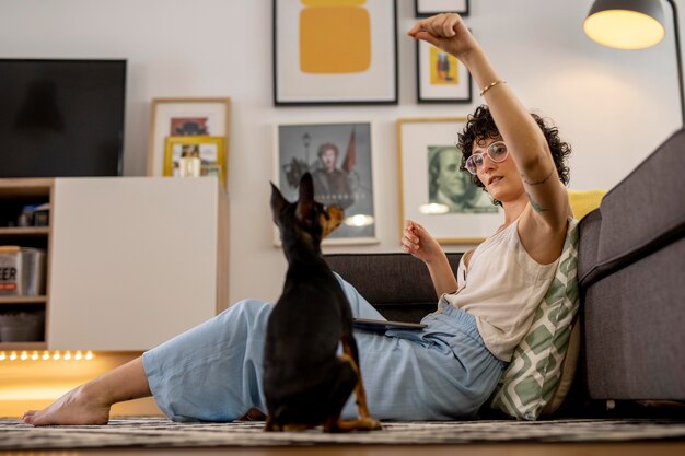 Person working from home with pet dog