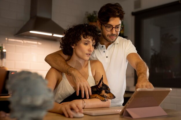 Person working from home with pet dog