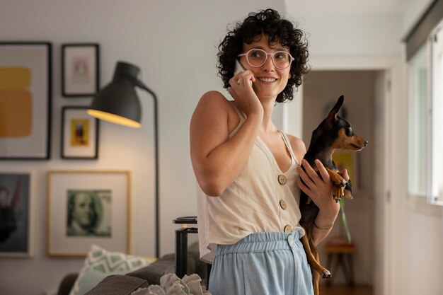 Person working from home with pet dog