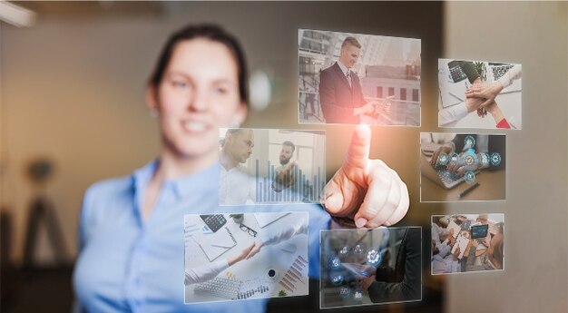 Free photo person working with floating screens