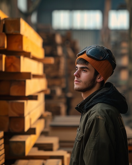 Free photo person working in the wood working industry and factory