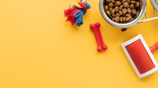 Pet accessories still life with chew bone and brush for fur