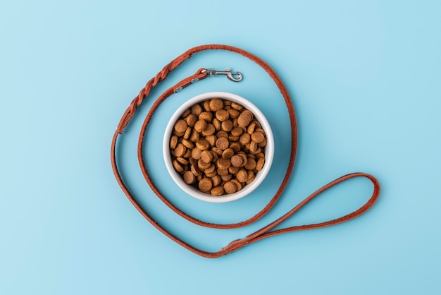 Pet accessories still life with food bowl and dog leash