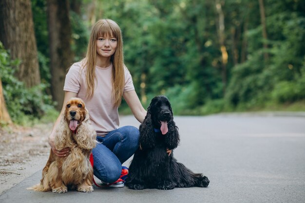 コッカースパニエル犬と散歩をしているペットウォーカー