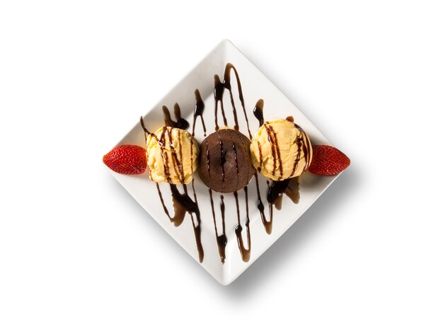 Premium Photo Petit Gateau With Ice Cream On White Plate With Strawberry Over Rustic Wooden Table