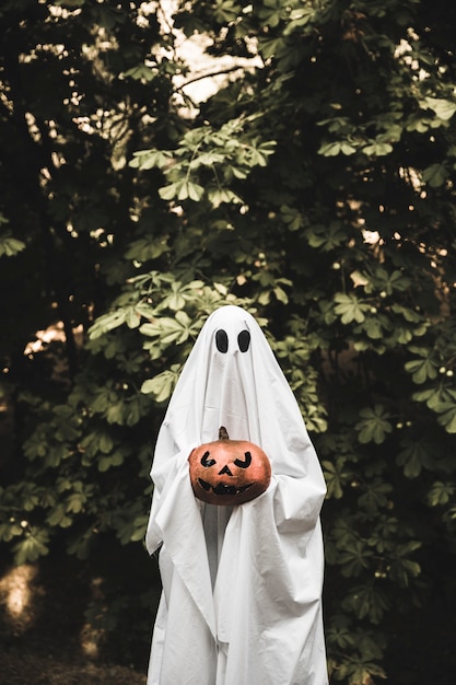 Free photo phantom holding gloomy pumpkin near bush