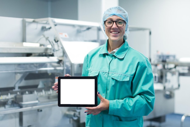 Pharmaceutical factory worker with a tablet in his hands shows Equipment