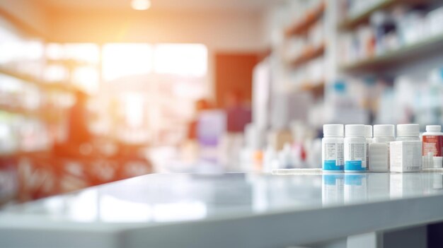 Pharmacy foreground with a counter and blurred backdrop of medicine shelves emphasizing recycled plastic bottle usage