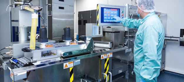 Pharmacy industry factory man worker in protective clothing in sterile working conditions operating on pharmaceutical equipment