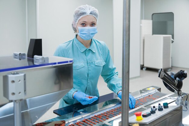 Работница аптечной промышленности в защитной одежде, действующая на производстве таблеток в стерильных условиях труда