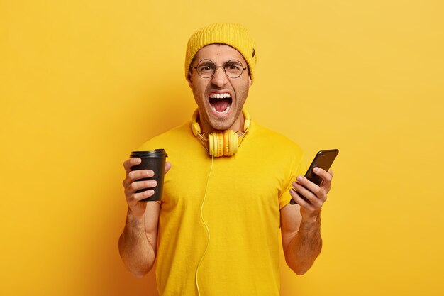 Photo of angry outraged student dressed in yellow outfit