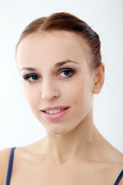 Photo of beautiful ballerina on white background