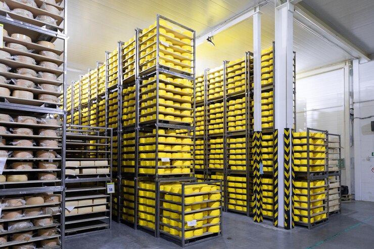 Photo of a cheese factory in Switzerland Typical italian cheese Parmigiano Reggiano Thousands of forms of Parmigiano Reggiano in the largest Parmesan cheese storage forms of cheese ripening