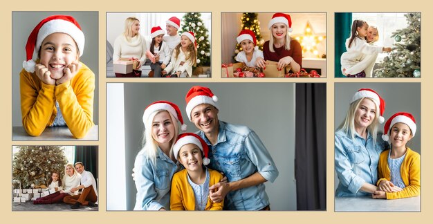 Photo collage of nine images with winter concept. Holiday season. open photo book with christmas photos