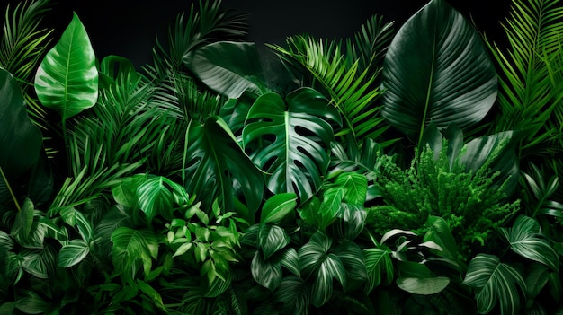 어두운 배경에 열대 녹색 잎의 사진 구성
