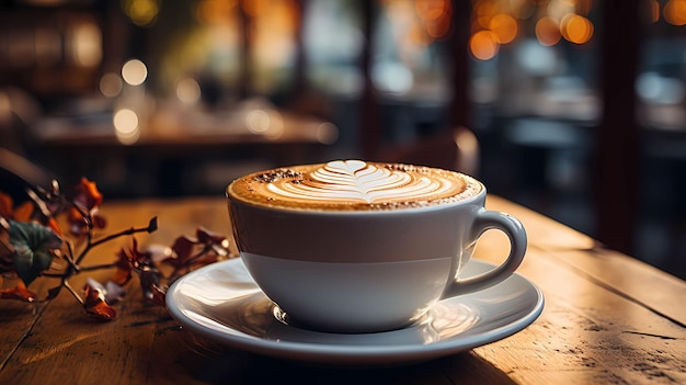 Photo of cup of coffee on a table background