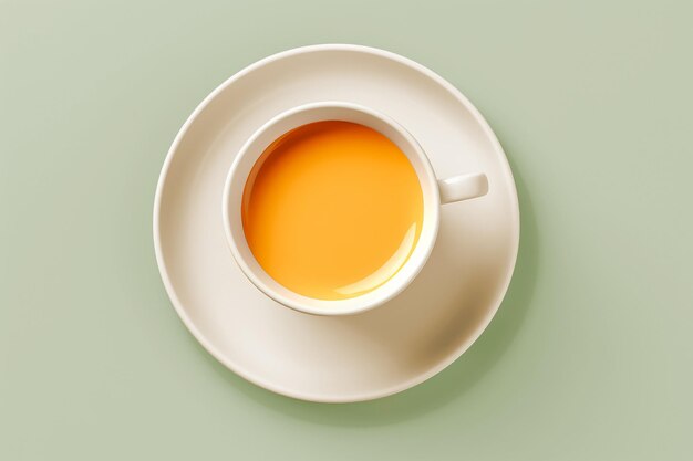 Photo of a cup of creamy coffee seen from above on a light green surface