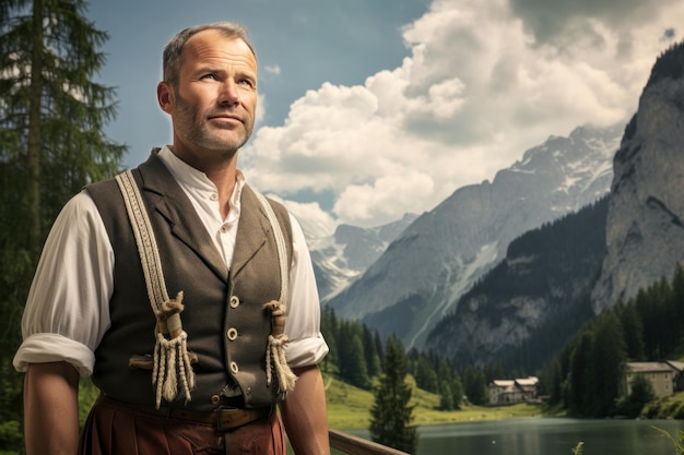 Photo of a European man in traditional Tyrolean clothing against a backdrop of a Swiss landscape