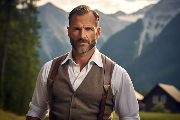 Foto gratuita foto di un uomo europeo in abiti tradizionali tirolesi sullo sfondo delle montagne svizzere