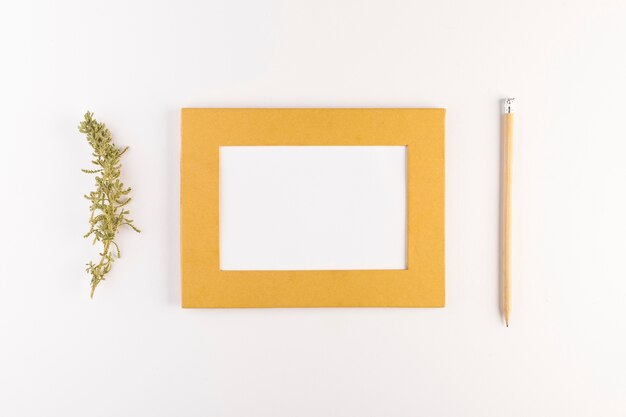 Photo frame near pencil and coniferous twig 