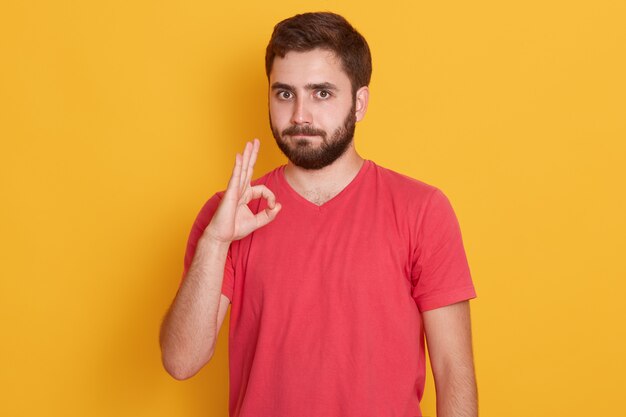 Photo of handsome man with dark hair, wearing yellow t shirt, isolated on yellow, showing ok sign, bearded man with calm facial experession. People concept.