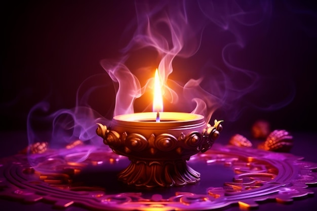 Фото индийской свечи с дымом на фиолетовом фоне