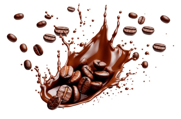 Photo of liquid splash and coffee beans on white background