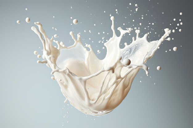 Photo of milk splashing on grey background